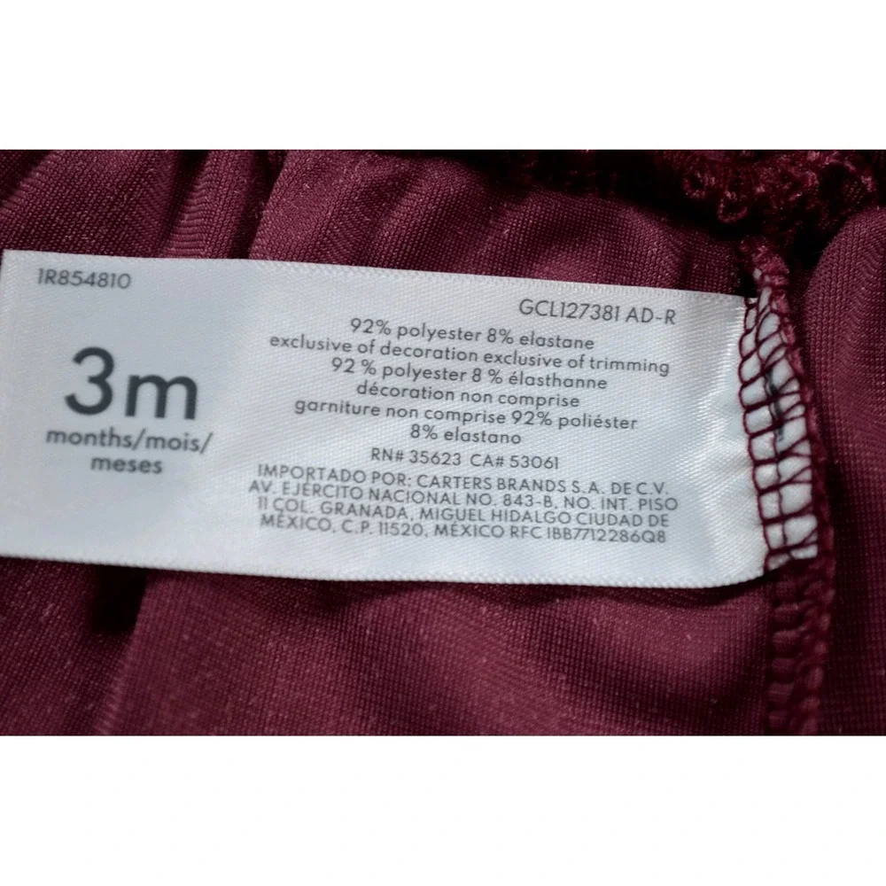 Oshkosh Baby B'gosh Girl's Burgundy‎ Short Sleeve Velvet Dress Size 3M Months